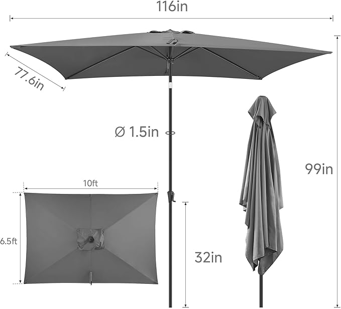 6.5 x 10 FT Rectangular Patio Umbrella - Rectangle Umbrella Outdoor with Tilt and Crank, UV Protection, Table Umbrella for Deck, Backyard, Pool and Beach, Anthracite