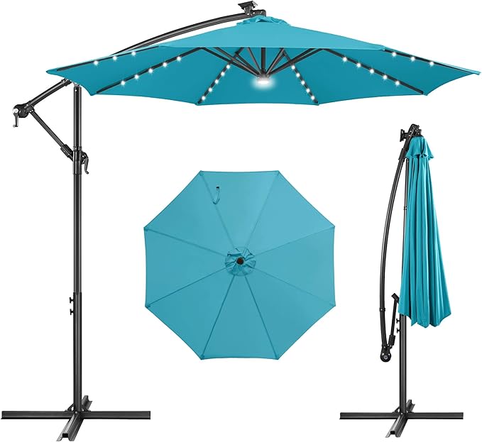 Solar Offset Patio Umbrella - 10 FT Solar Cantilever Umbrella Outdoor with 40 LED Lights and Cross Base, UV Protection for Garden, Deck, Backyard, Pool, Porch, Aqua Blue