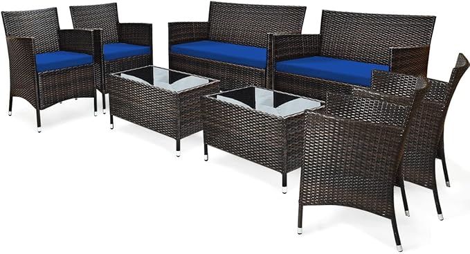 COSTWAY 8PCS Rattan Patio Furniture Set, Outdoor Wicker Rattan Chairs with Coffee Table, Rattan Cushioned Conversation Set for Backyard Balcony Porch Poolside, Navy