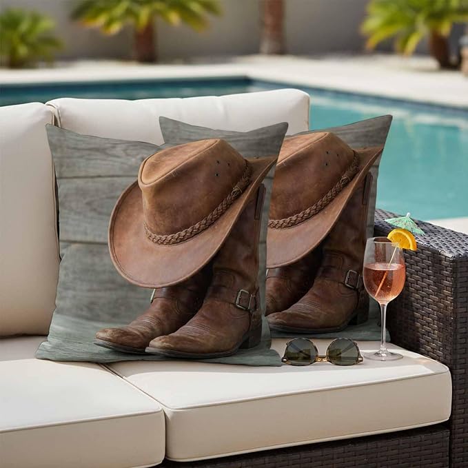 Outdoor Throw Pillow Covers,Western Cowboy Boots Hat Waterproof Decorative Pillowcases Cushion Cover Farm Wooden Plank Pillow Cases for Patio Couch Sofa Bed,24x42in Set of 2