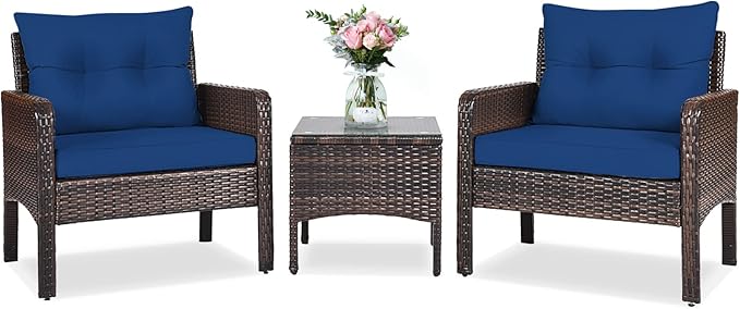 ORALNER 3-Piece Patio Conversation Set, All-Weather Wicker Sofa Chair and Coffee Table Set with Thick Cushions, Outdoor Furniture, Rattan Bistro Set for Balcony Deck Porch Poolside Garden (Navy Blue)