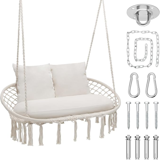 Double Hammock Chair for Indoor & Outdoor Use, Durable Woven Cotton Ropes & Iron Frame, Comfortable Seating for Patio Garden and Porch, 700 lbs Capacity, White