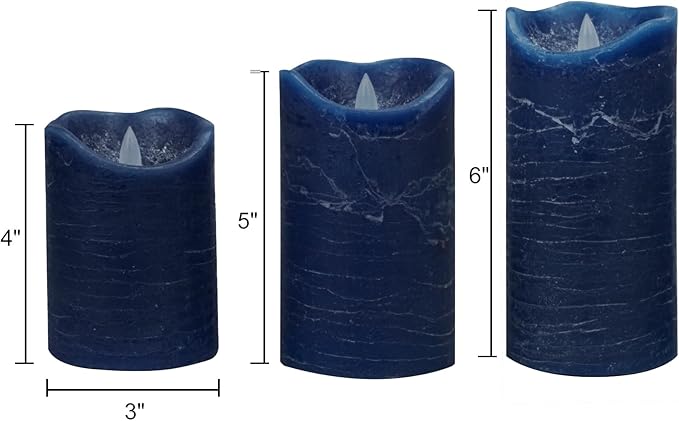 CANDLE CHOICE Real Wax Battery Operated Flameless Candles with Remote Automatic Cycle Timer Realistic Flickering Electric LED Pillars Wedding Party Holiday Decorations 3 Pack Rustic Texture Navy Blue