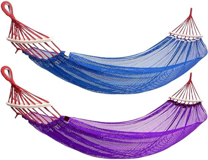2-Pack Summer Ice Silk Hammock, Beach Comfortable Anti-Rollover Double Hanging Bed, Relax/Sleep, Load Bearing 300kg/661.4lbs(Blue+Purple)