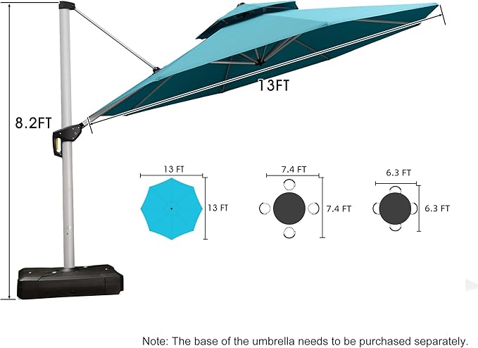 PURPLE LEAF 13 Feet Double Top Round Deluxe Patio Umbrella Offset Hanging Umbrella Outdoor Market Umbrella Garden Umbrella, Turquoise Blue