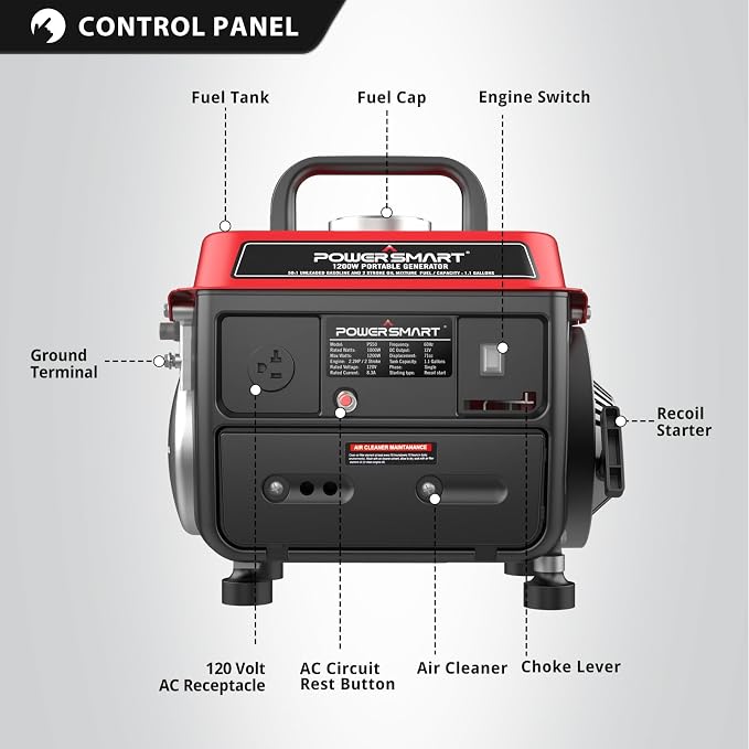 PowerSmart 1200W Portable Gas Powered Generator, 71cc 2-Stroke Single Cylinder Engine, 900W Rated, Ultralight 39 lbs for Camping, Tailgating, Fishing & Emergency Home Use, EPA Compliant
