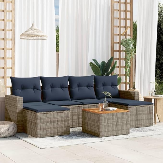 vidaXL Patio Sofa Set with Cushions 7 Piece, Outdoor Conversation Set, Sectional Sofa for Garden Balcony, Patio Furniture, Gray Poly Rattan