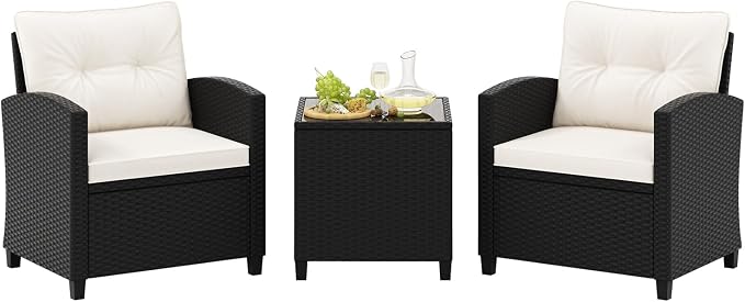 Tangkula 3 Piece Patio Furniture Set, Rattan Conversation Set w/Soft Seat & Back Cushions, Tempered Glass Topped Coffee Table, Cushioned Wicker Seating Set for Backyard, Porch, Poolside (Off White)