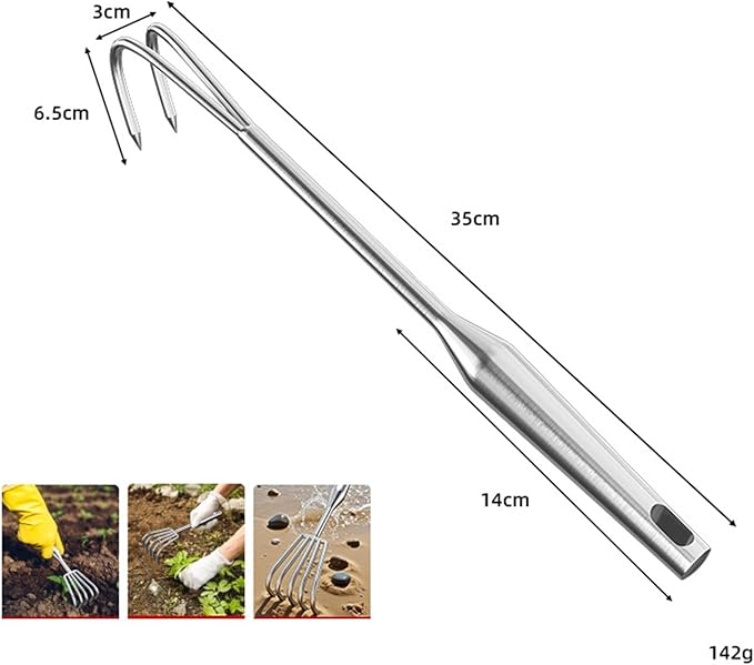 Hand Rake Stainless Steel Heavy Duty Garden Rake Weeding Tool Ergonomic Claw Rake Soil Tiller Portable Planting Rake Suitable for Flower Beds Yard Wor, 2 Tine Long Handle