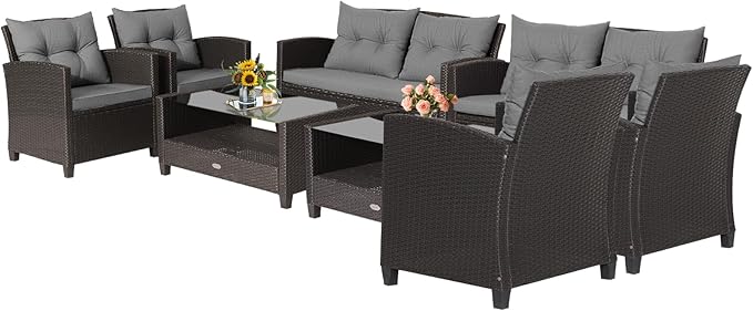 Tangkula 8-Piece Outdoor Rattan Furniture Set, PE Rattan Wicker Sectional Sofa with Loveseat Chair & Glass Table, Patio Cushioned Conversation Sets for Backyard Porch Garden Poolside (2, Gray)