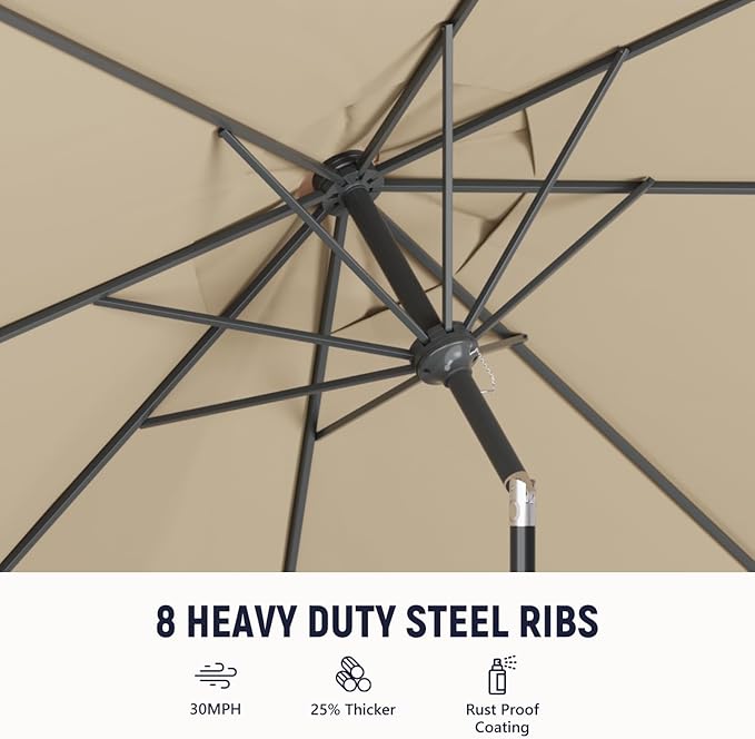 Outdoor Patio Umbrella with One Push Button Tilt and Crank, 8 Sturdy Ribs Market Table Umbrella
