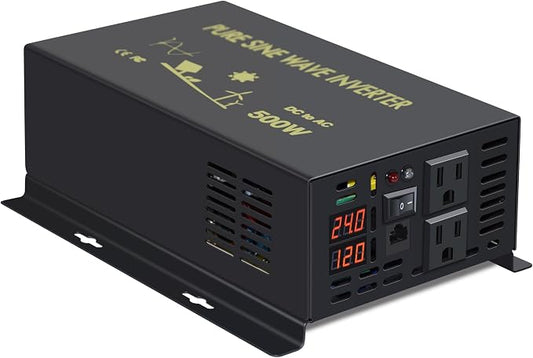 WZRELB 500W 24V 120V Pure Sine Wave Power Inverter with 2 AC Outlets Wired Remote Control (RBP-50024WR)