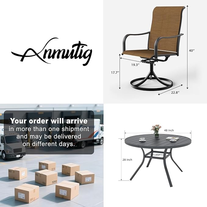 Anmutig Patio Dining Set 5 Piece, 4 Textilene Swivel Patio Chairs and 48 inch Round Metal Table with 1.57"-1.9" Umbrella Hole, All Weather Resistant - Brown Style2