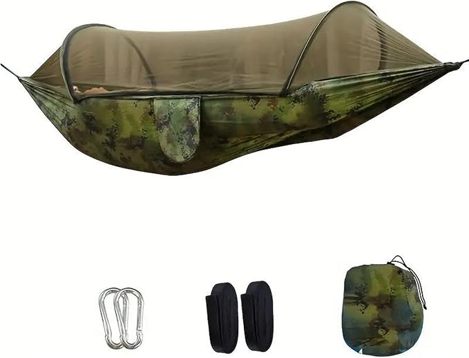 Heavy Duty Hammock with Mosquito Net–Canvas Hammock, Fade-Resistant Cotton Lounger, Roll-Free Comfort Design, Easy Setup for Backyard, Porch, Garden, Camping, Travel (Camouflage)