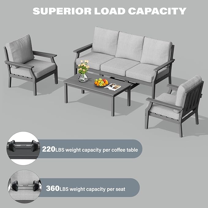 HDPE Patio Conversation Set, 6-Piece All Weather Outdoor Furniture Set with 2 Single Armchairs for Deck, Lawn, with Cushion, Gray