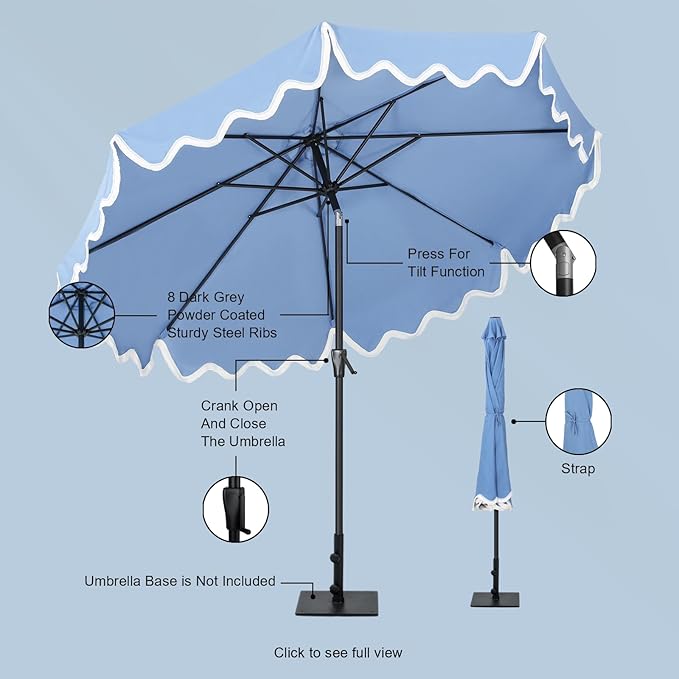 Tempera 9FT Scalloped Tassel Patio Umbrella, Outdoor Market Umbrellas with 8 Sturdy Ribs with Crank & Pust Button Tilt,Fade Resistant Canopy