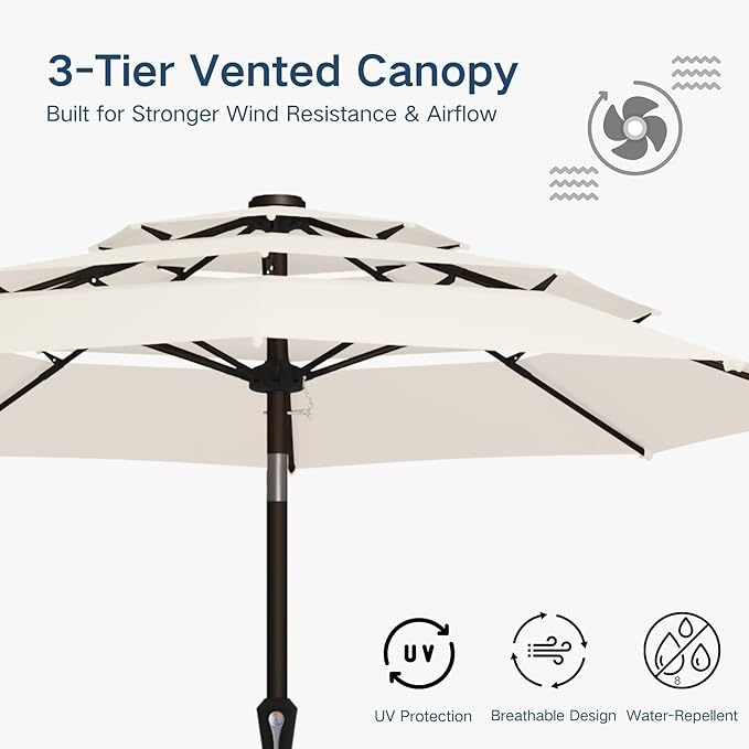 10FT Patio Umbrella 3 Tiers Outdoor Market Umbrella w/Push Button Tilt, Crank, UV and Waterproof Table Umbrella for Garden, Pool, Backyard, Deck, Lawn, Creamy White