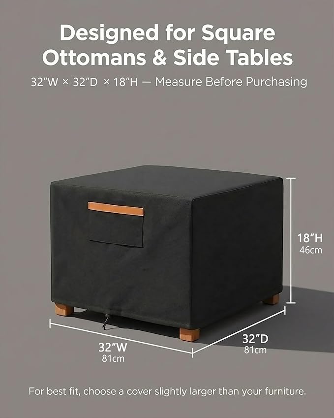 Waterproof Patio Ottoman Cover, 600D Heavy Duty Square Outdoor Side Table Furniture Cover with Windproof Buckles & Air Vents, All-Weather Outdoor Furniture Protection, Black, 32 x 32 x 18 Inches