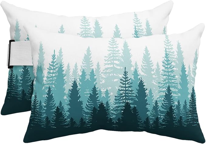 Outdoor Pillows Covers with Inserts Forest Tree Silhouette Teal Green Abstract Gradient Waterproof Pillow with Adjustable Strap Throw Pillows for Patio Furniture Recliner Lounge Chair, 12" x 20", 2PCS