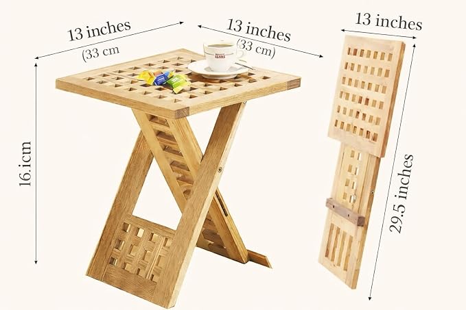 Small Folding Table Wooden Side Table for Outdoor Garden Patio, Foldable Square Coffee Table, Solid Elm Wood Folding End Table for Balcony, Kitchen, Camping, Picnic, Indoor & Outside Use