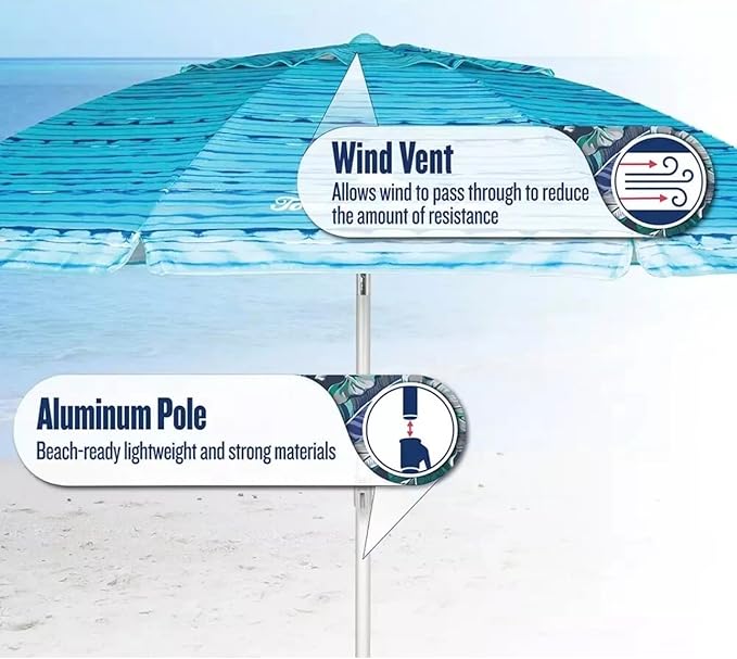 T0MMY BAHAMA 8 ft Beach Umbrella with wind vent and sand anchor