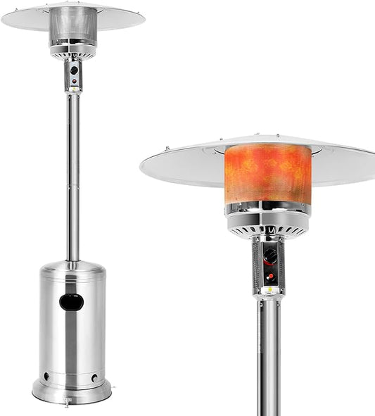 HAPPYGRILL Patio Heater, 48,000 BTU Outdoor Propane Heater with Wheels, Reflective Cover, Triple-Over Protection, Portable Stainless Steel Patio Heater for Outdoor Use, Garden