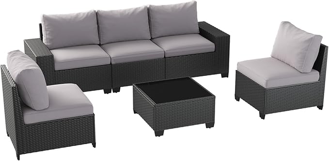 Aoxun 6 Piece Wicker Sectional Set with 4 Inch Cushion, Wide Armrests and Waterproof Cover for Backyard
