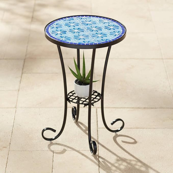Teal Island Designs Blue Stars Coastal Black Metal Round Outdoor Accent Side Tables 14" Wide Set of 2 Mosaic Tile Tabletop Gracefully Curved Legs for Spaces Porch Patio Home House Balcony Deck Shed
