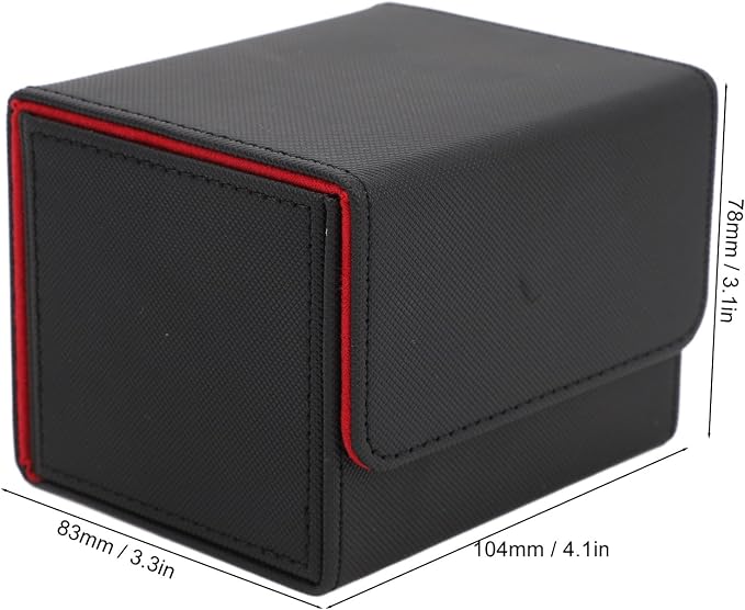 PU Leather Card Deck Box with Magnetic Flap Lid, Large Capacity Card Storage Box/Cover for Tarot Cards and Game Cards, Protective Deck Holds 100, Black (Black Red)