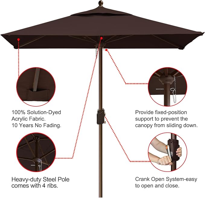 EliteShade USA 10-Year-Non-Fading 6x6Ft Square Market Patio Umbrella, UPF 50+ UV Protection Performance Sun Umbrella, Heavy Duty Commercial Grade Outdoor Table Umbrella with Crank, Windproof Vented Top for Garden, Pool, Deck and Outdoor Playsets, Chestnut