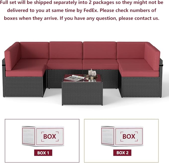 FIZZEEY 7 PCs Outdoor Patio Furniture PE Wicker Rattan Sectional Conversation Sofa Set, Burgundy