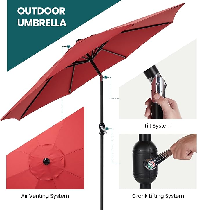 OLIXIS 9FT Patio Umbrella with Tilt and Crank Button & Sturdy Ribs Waterproof, 9Feet Patio Table Umbrella Perfect for Poolside, Terrace, Beach and Outdoor Restaurant