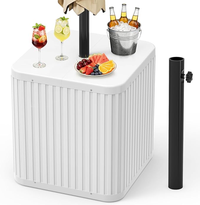 BoYata Outdoor Umbrella Side Table, 2-in-1 Outdoor Side Table with Umbrella Hole, 15.9 Gallon Fillable Umbrella Stand Base, Fit Up to 1.5" Pole, Square Patio Side Table for Poolside, Deck, Matte White
