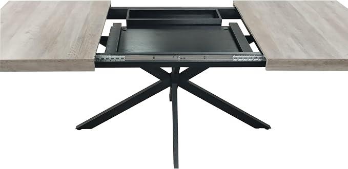 55.11" -70.86" Extendable Dining Room Table, Retro Folding Dining Tables for 4-6 People with Antique Wood Top/Black Fine Sand Cross Iron Foot Base/Storage Box, Black Grey
