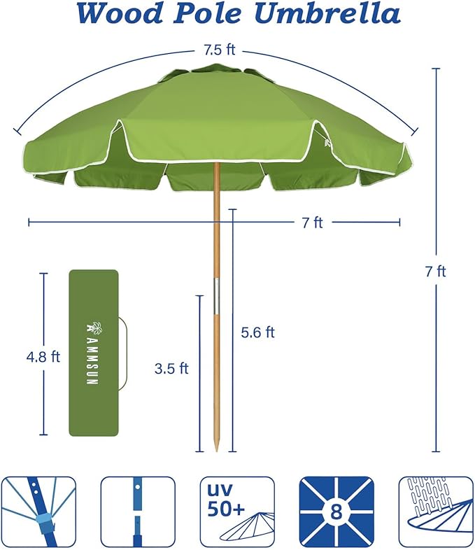 AMMSUN 7.5ft Heavy Duty High Wind Beach Umbrella Commercial Grade with Air Vent Ash Wood Pole & Carry Bag UPF 50+ Sun Protection for Patio Garden Pool Backyard Olive Green