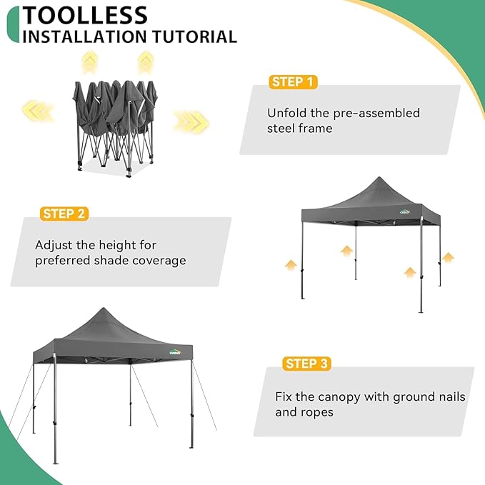 COBIZI 10x10 Pop up Canopy Tent Heavy Duty, Easy Set-up Commercial Outdoor Party Tent, 100% Waterproof Wedding Tents Gazebo, 3 Height Adjustable with Wheeled Bag, Gray