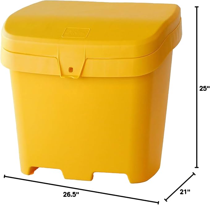 FCMP Outdoor 31-Gallon Salt & Sand Storage Bin, Yellow - Lockable Lid, Weather-Resistant UV-Resistant Plastic, Forklift Pockets, Deck Box for Patio & Garden