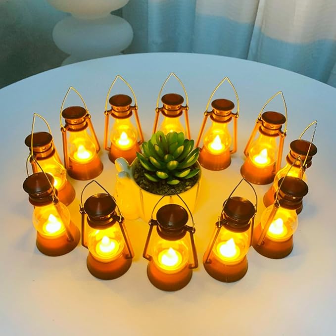 12 Pack Mini Lantern for Little Cowboy Centerpieces Tables Ideas Western Party Favor Decorations Wedding Decor Camping with 4inch Flickering LED Candle, Vintage Table Toppers Decorative (Brown)
