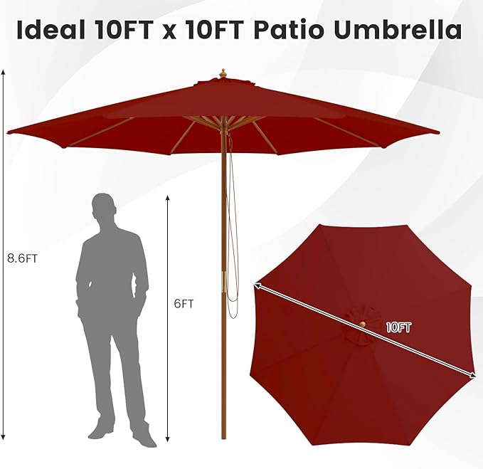 Tangkula 10FT Patio Umbrella, Outdoor Table Market Umbrella w/8 Wooden Ribs, 3 Adjustable Heights, Rope Pulley System, Detachable Pole, Wooden Patio Umbrella for Garden, Poolside, Backyard (Burgundy)
