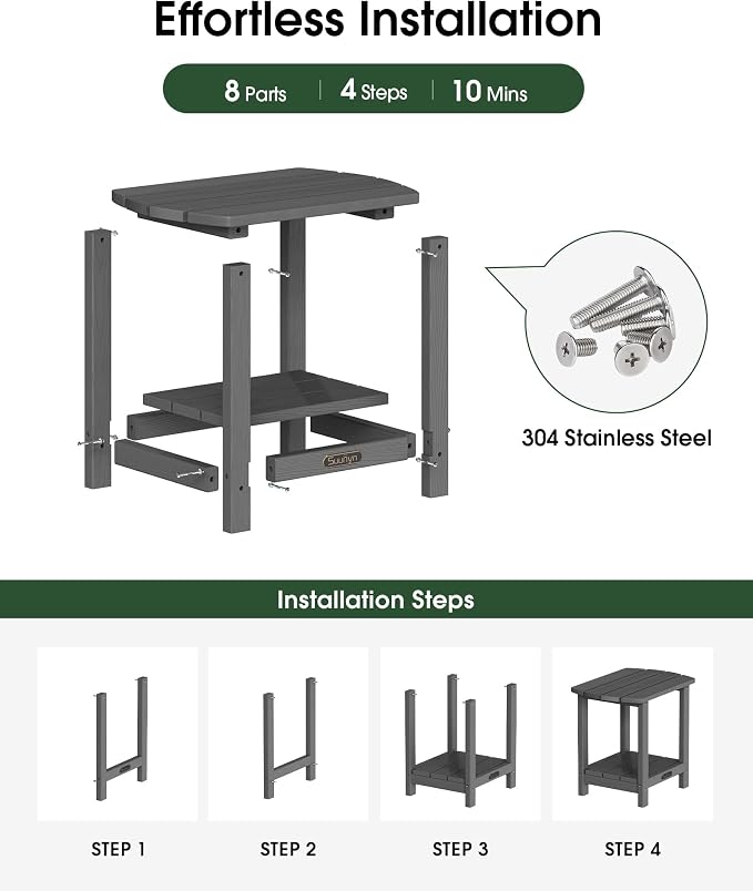 Outdoor Side Table – 2-Tier HDPE Adirondack Side Table, Sturdy Small Outdoor Tables, Weather-Resistant & Easy Assembly Patio End Tables for Garden, Balcony, Porch & Poolside (Grey)