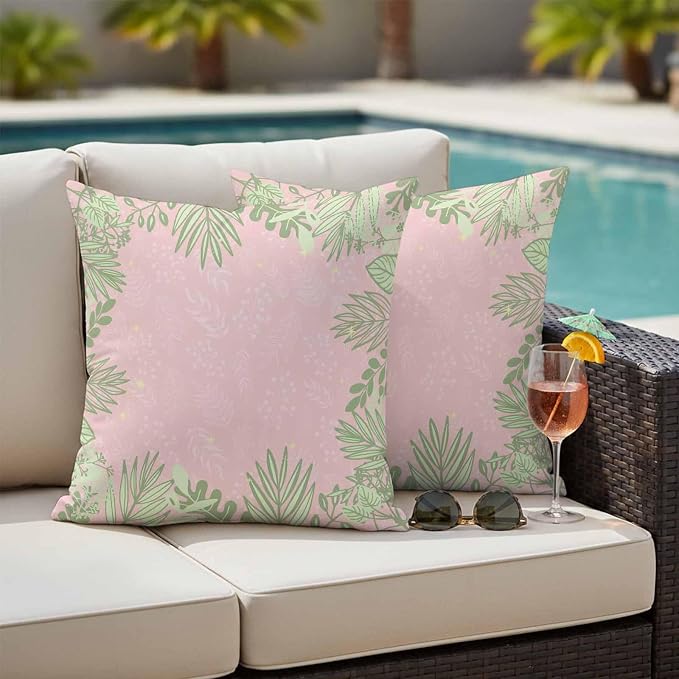 Outdoor Pillow Covers Set of 2, Watercolor Spring Green Leaves on Pink Decorative Throw Pillow Covers 16X16IN, Abstract Leaf Throw Pillows Protector Cushion Case for Patio,Couch,Sofa,Garden