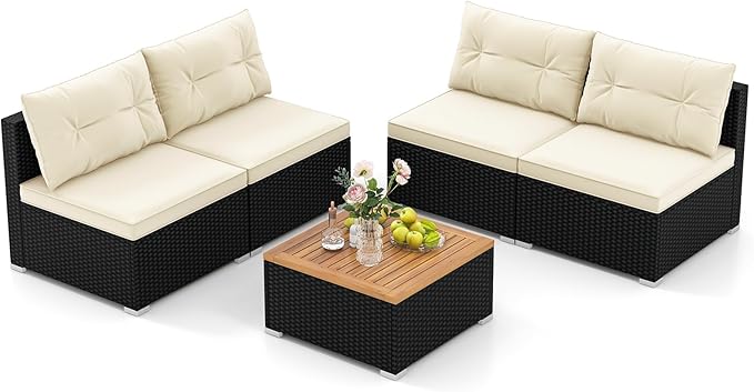 5 Pieces Patio Furniture Set, Outdoor Sectional Sofa with Acacia Wood Coffee Table & Cushions, Wicker Patio Conversation Set for Porch, Deck, Balcony, Poolside & Backyard (Off White)