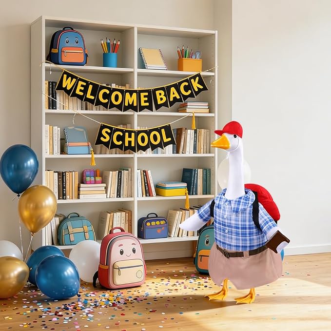 Celltestria Back to School Goose Outfits Porch Goose Costume with Schoolbag Book Blue Grid Goose Clothes for 23" Geese School Outdoor Patio Yard Lawn Garden Art Decoration