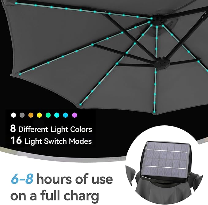GREEN PARTY 13ft Outdoor Patio Umbrella with Solar Lights, 120 LED 12-Mode Large Double Sided Rectangular Table Umbrella, Heavy Duty Triple-Head Shade for Backyard Deck & Poolside, Gray(No Base)