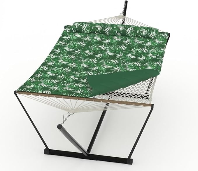 Double Hammock with Stand, Outdoor Quilted Padded Hammock with Heavy Duty Iron Frame, Portable Patio Swing Bed for Backyard Garden, 450 Lbs Capacity,Banana Leaf Green