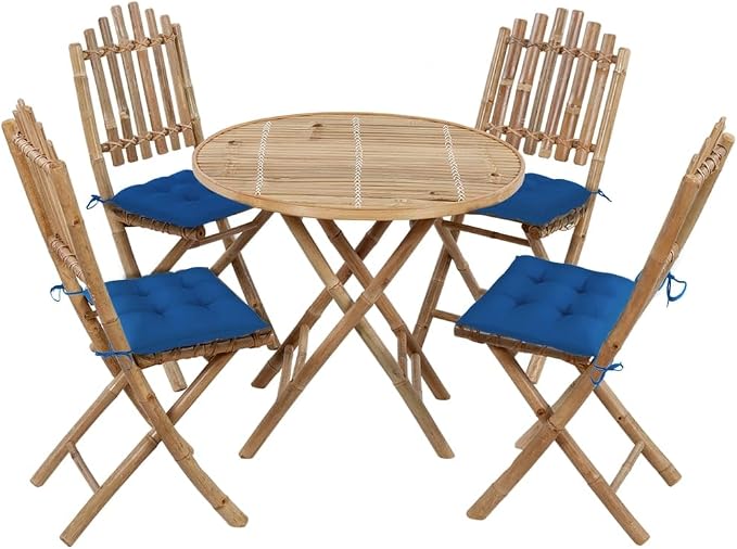 Foldable Bamboo Dining Set with Cushions, 5 Piece Folding Patio Dining Set for Al Fresco
