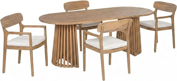 Christopher Knight Home Zoa Acacia Wood Dining Set for 4, Outdoor Dining Table with Dual Slatted Pedestal Bases, Outdoor Dining Chairs with Cushions, 5 Piece Patio Dinner Set, Beige/Teak
