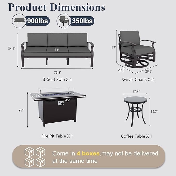 ALAULM Aluminum Patio Furniture Set with Propane Fire Pit Table 5-seat Metal Outdoor Furniture w/Fire Pit Patio Sectional Sofas w/5.1" Cushions for Patio, Backyard, Poolside-Grey