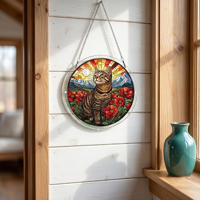 Acrylic Puzzle Suncatcher, Cat & Flower Stained Glass Window Hanging, Sun Catcher Puzzle Kit Home Garden Decor, Creative Mothers Day and Birthdays Gifts for Mom, Wife, Sisters, 7.87 inch