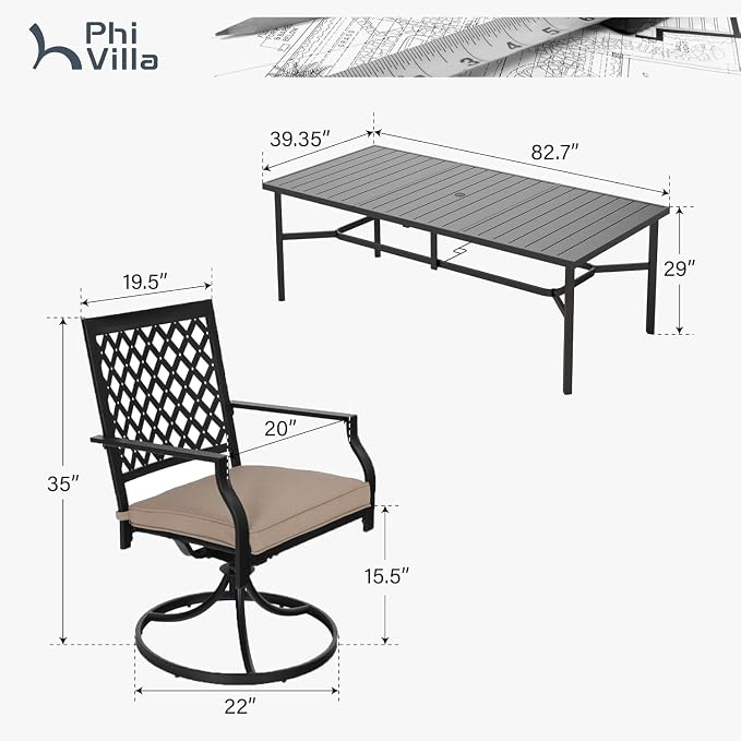 PHI VILLA 7 Pcs Outdoor Dining Set for 6&83" Rectangle Metal Steel Table | Swivel Wrought Iron Chairs with Cushions, Outside Furniture Set for Patio, Deck, Yard, Porch